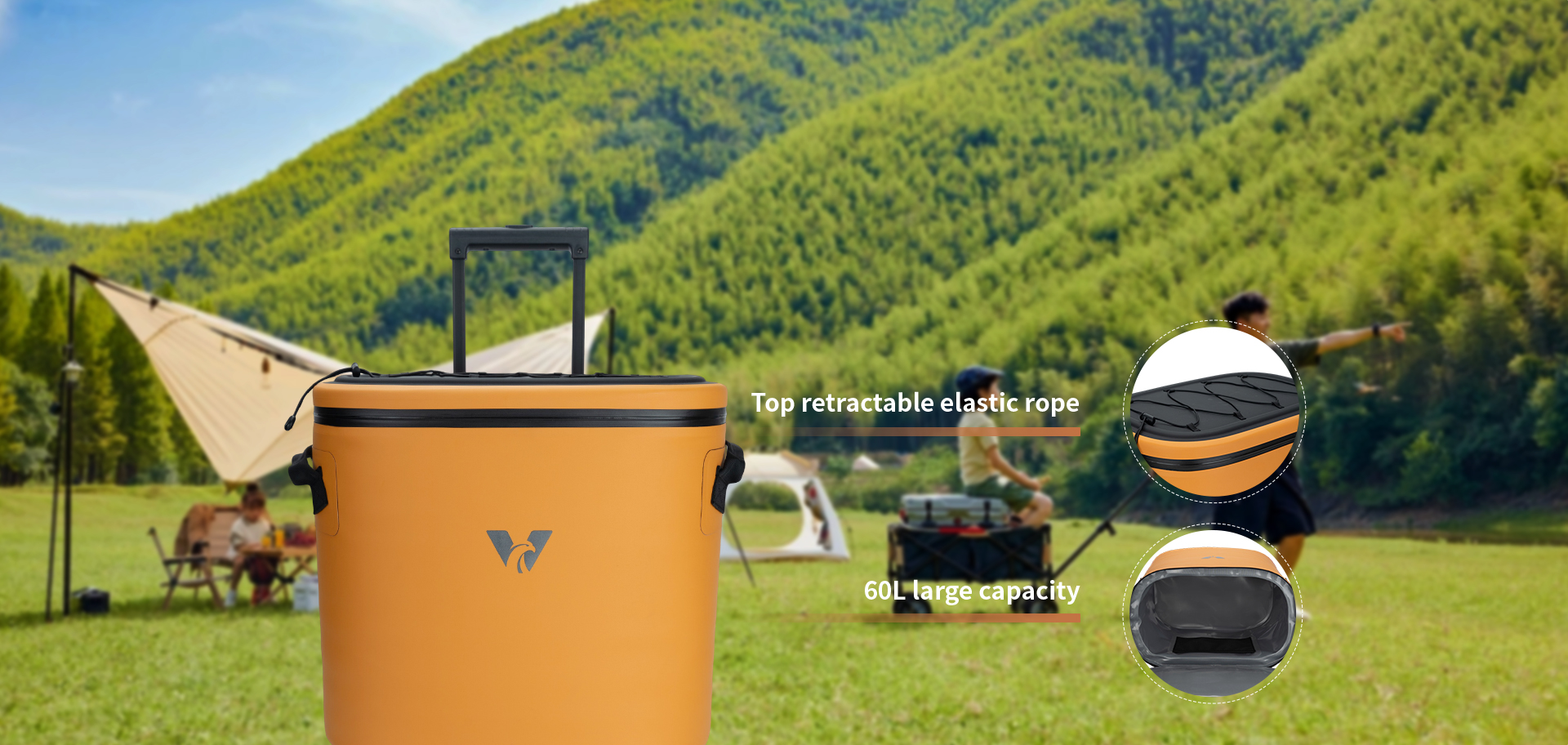 60L main compartment stores bulk food/ drinks, with interior mesh pocket for small things. Top elastic cord secures picnic blankets or extra clothing.